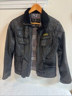 Barbour Black Quilted Field Jacket with Cord Collar and Plaid Lining